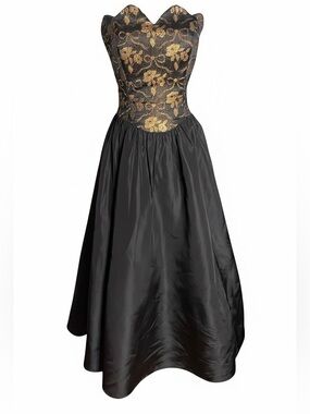 Gunne Sax by Jessica McClintock Black Gold Brocade Strapless Ball Gown Dress 6